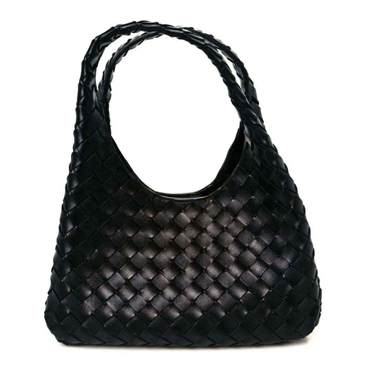 Black intrecciato leather shoulder bag with woven pattern and curved silhouette