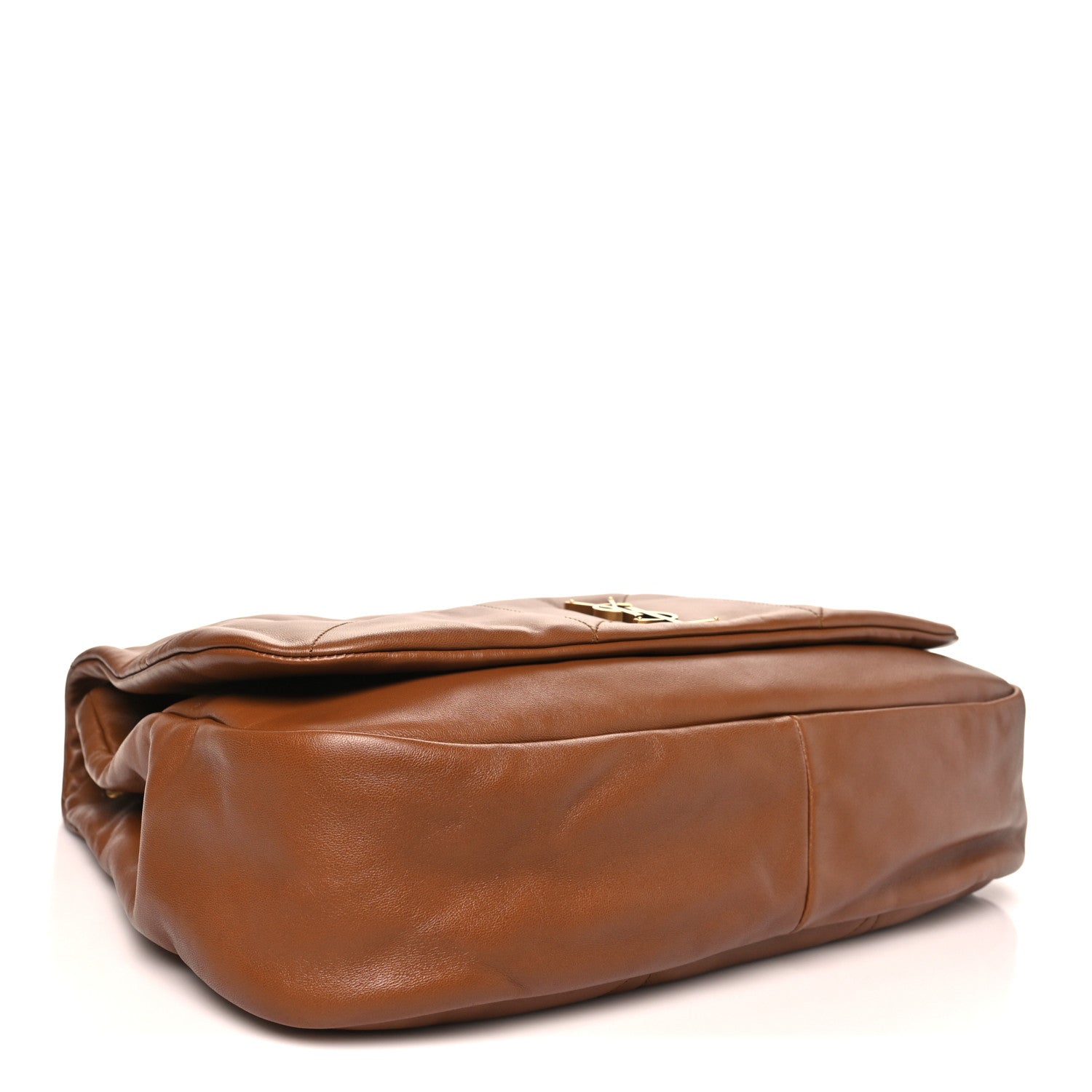 Tan-brown leather shoulder bag, folded flap and gold hardware on top.