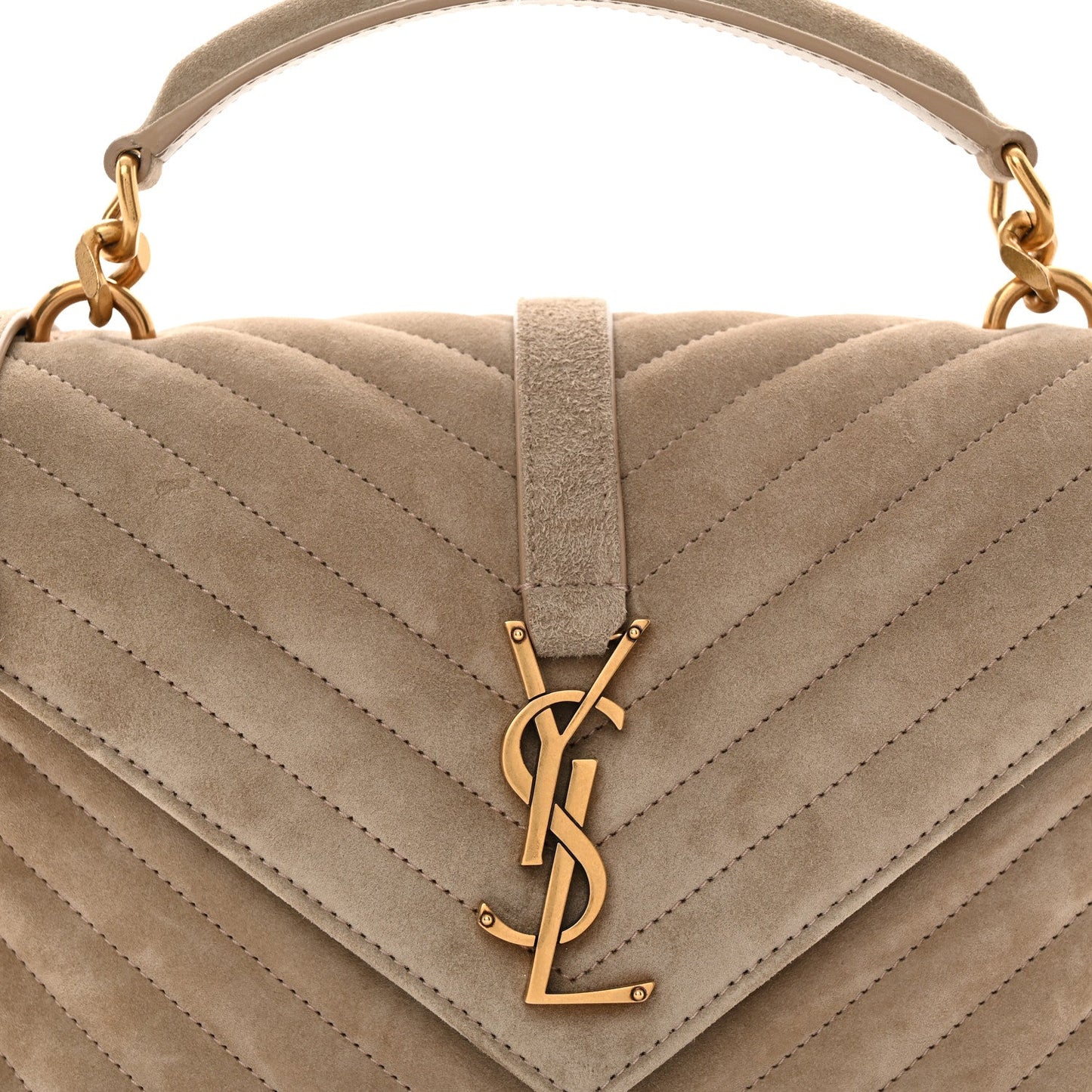 Taupe suede quilted flap bag with chevron pattern and YSL monogram clasp