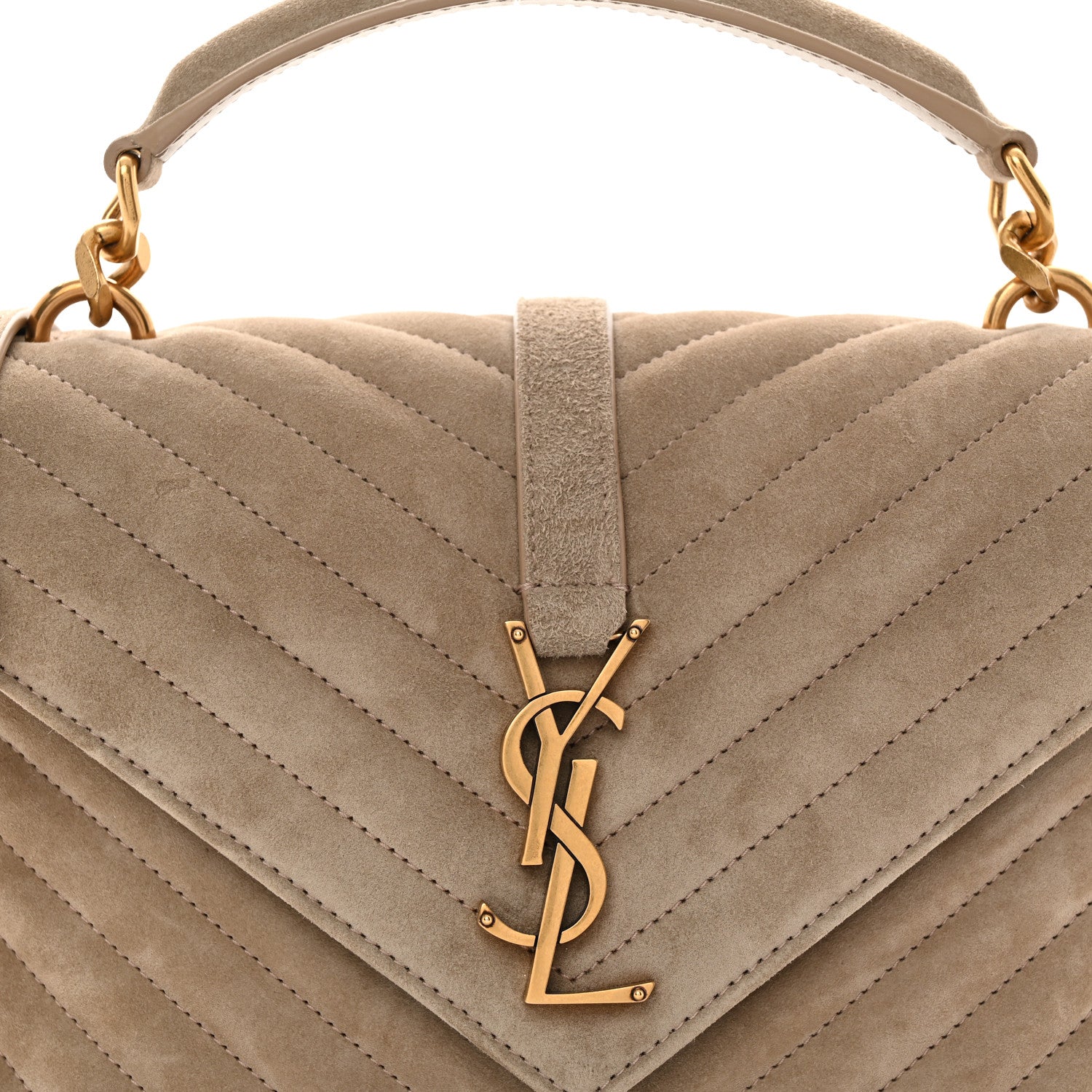 Taupe suede quilted flap bag with chevron pattern and YSL monogram clasp