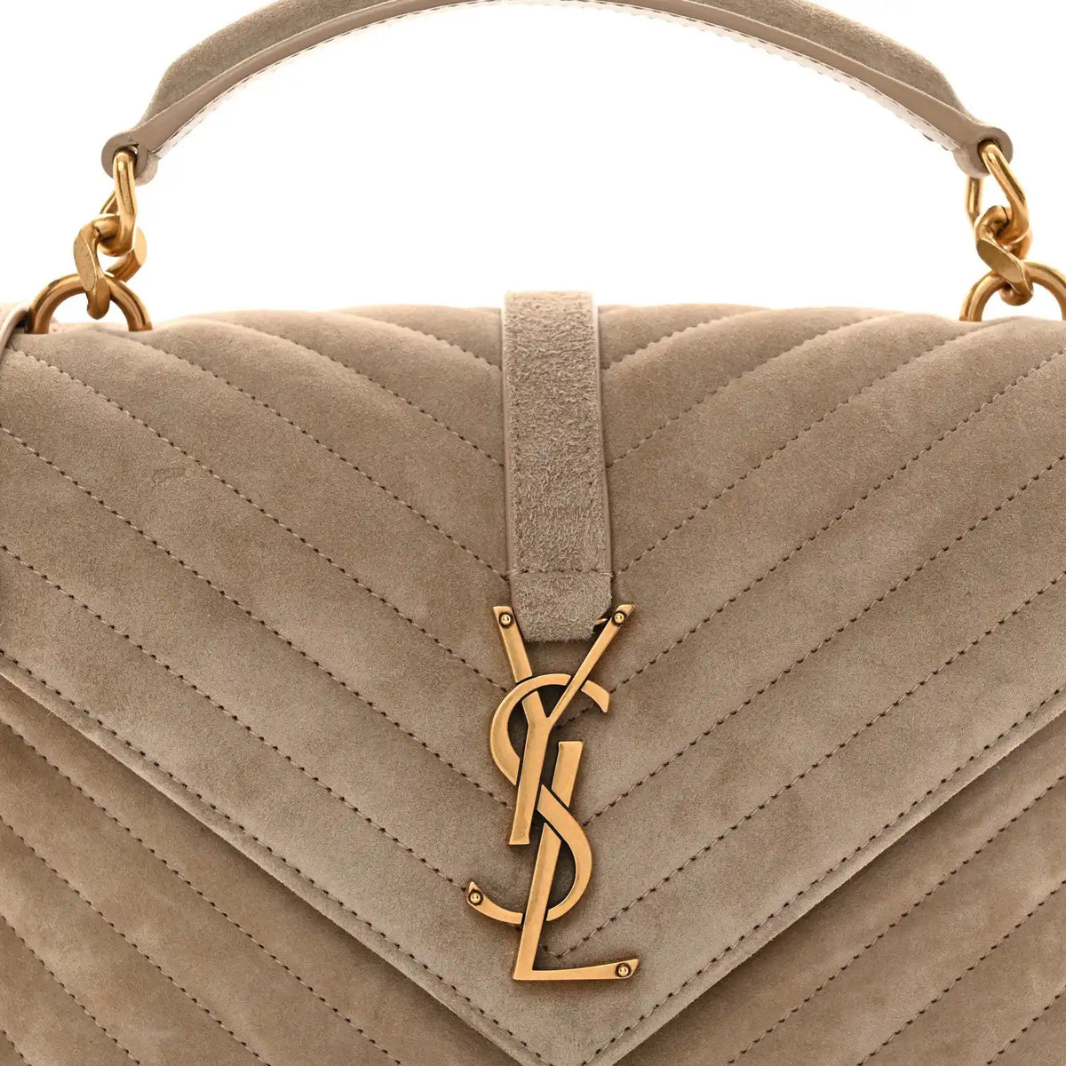 Taupe suede quilted flap bag with chevron pattern and YSL monogram clasp