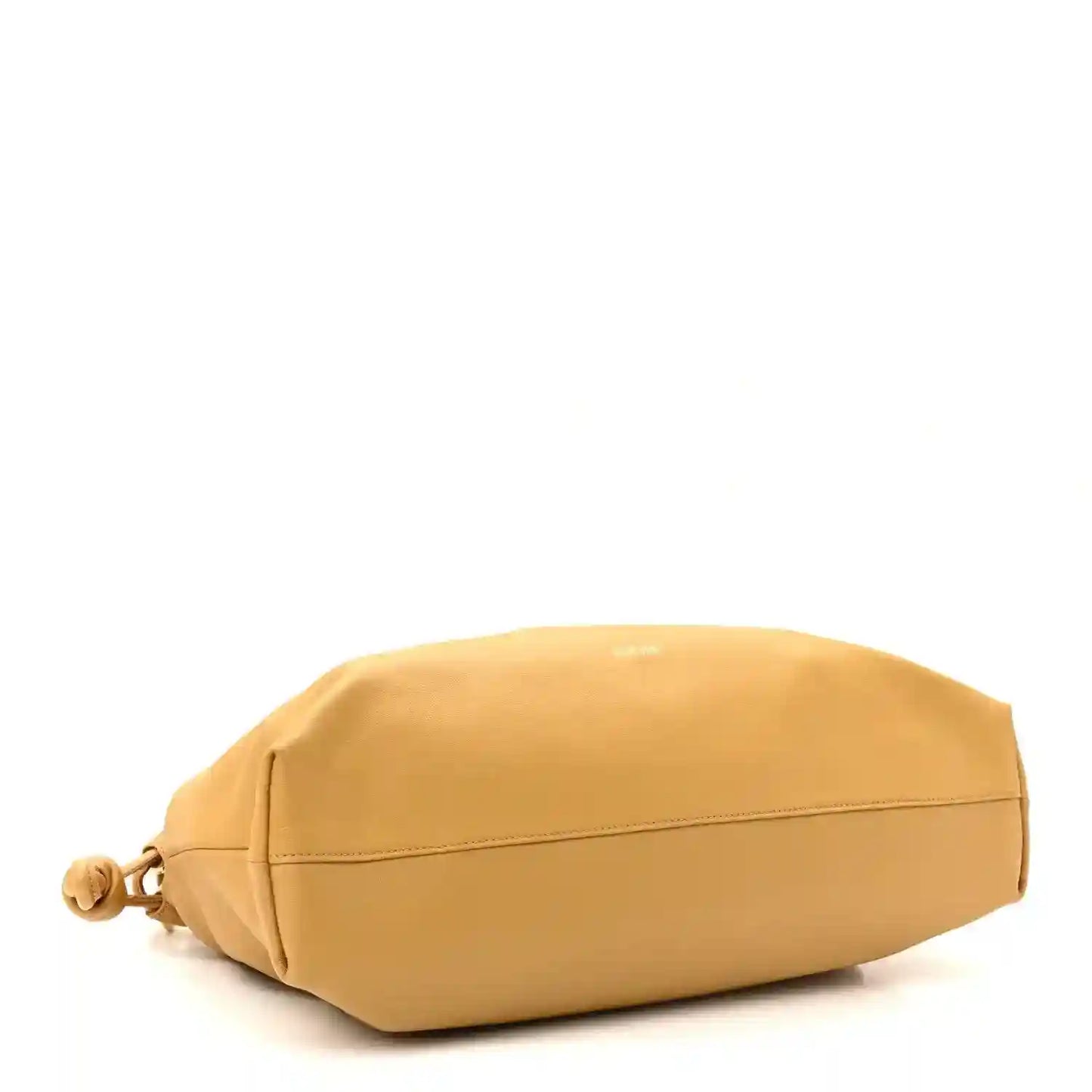 Tan leather clutch bag with smooth front panel and gathered sides