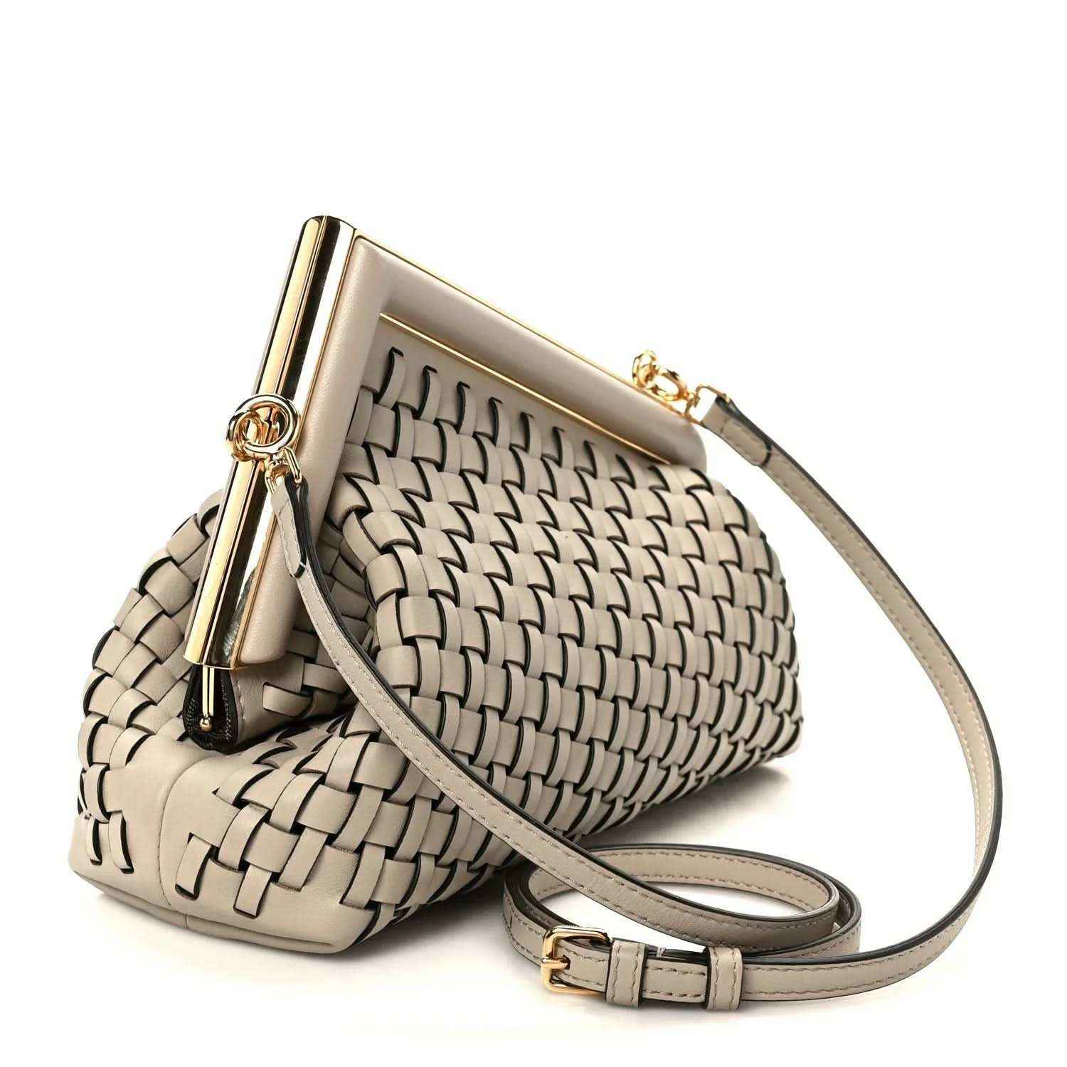 Ivory woven leather clutch crossbody bag with gold-tone frame and shoulder strap