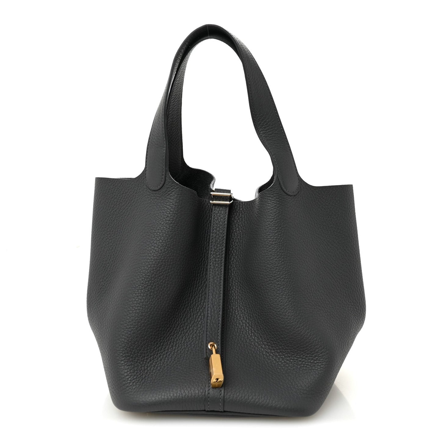 Small leather tote bag in dark gray with top handles and front vertical zip detail