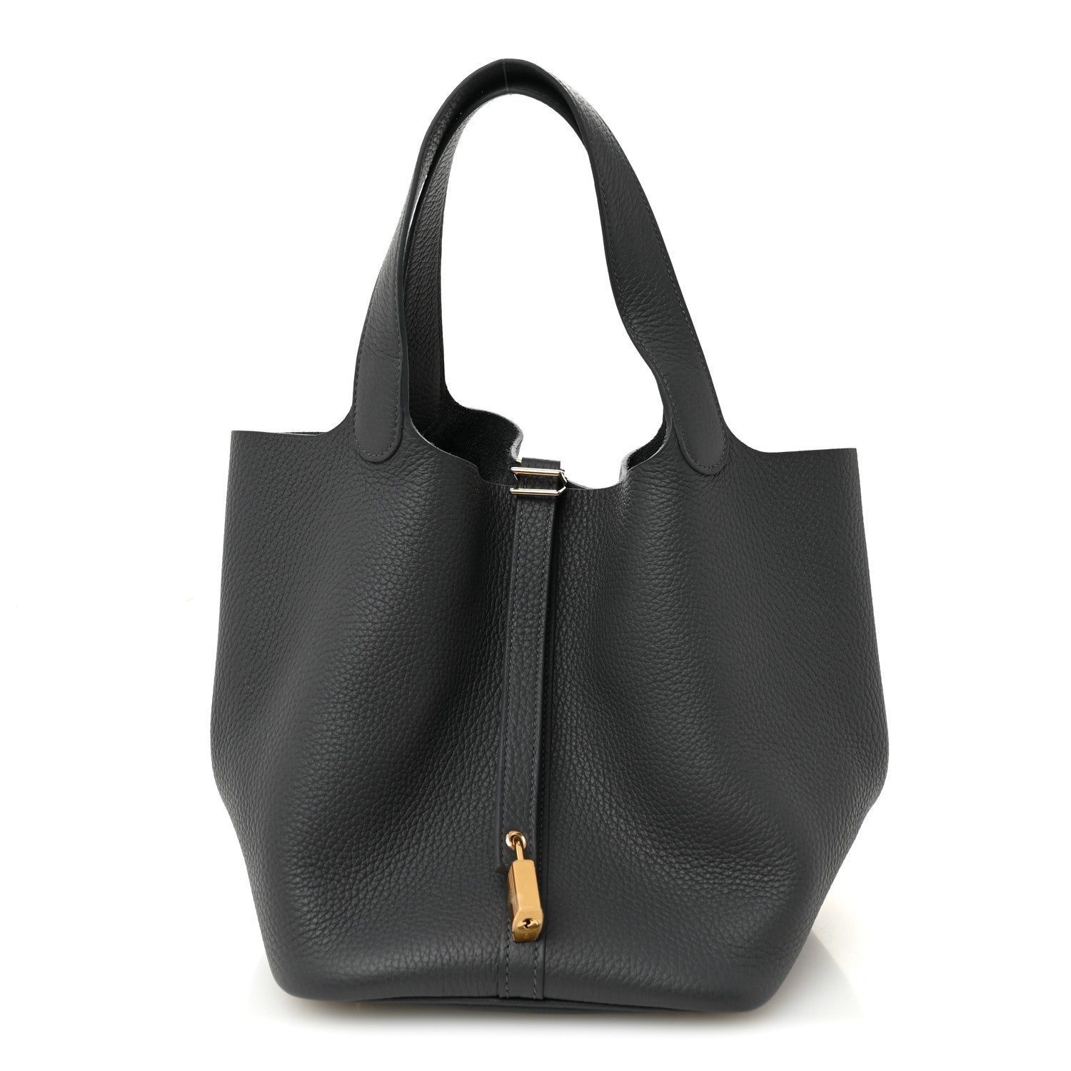 Small leather tote bag in dark gray with top handles and front vertical zip detail