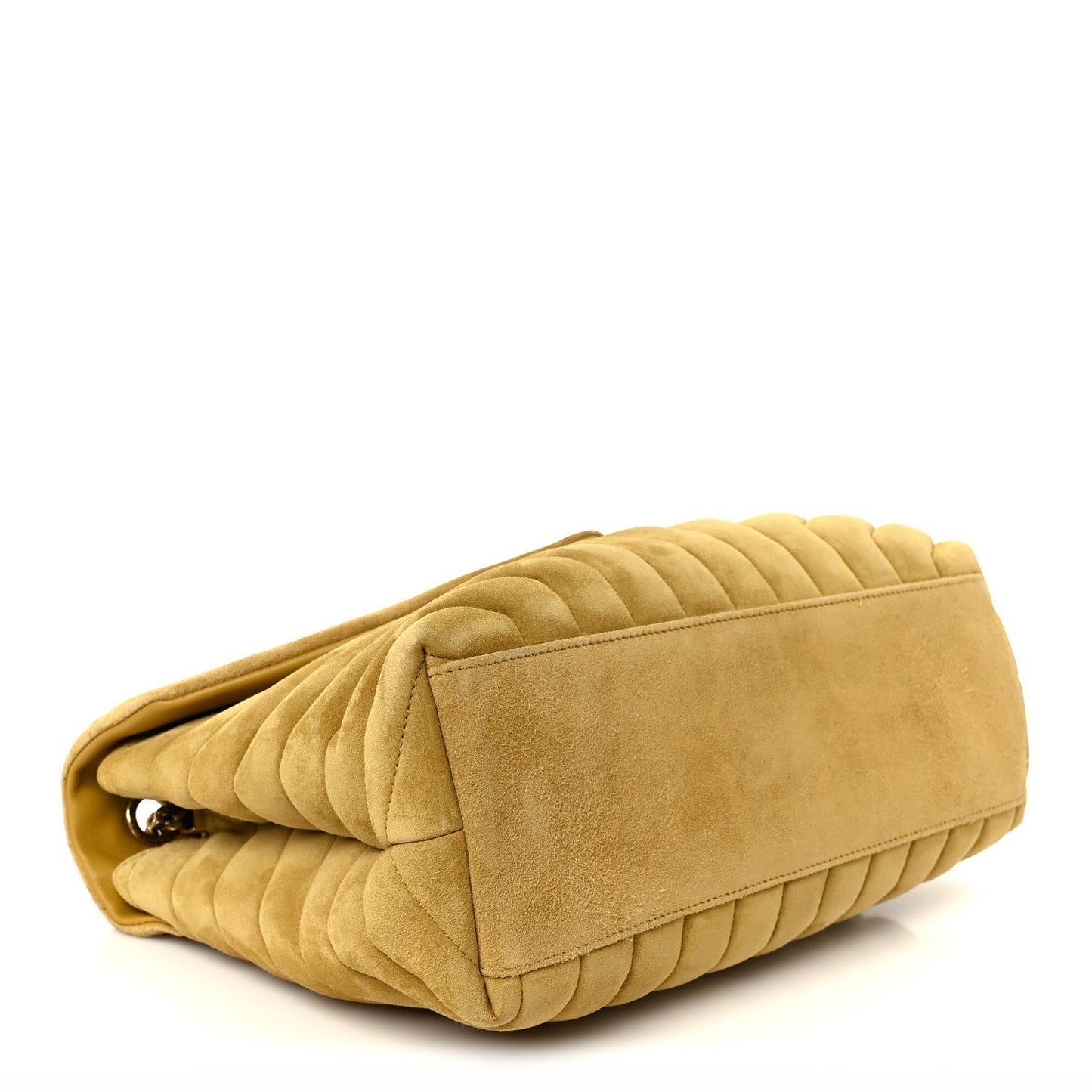 Chartreuse suede quilted satchel with curved top flap and gold zipper edge