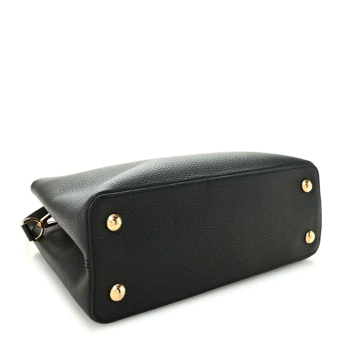 Black leather handbag base with gold stud feet and textured grain
