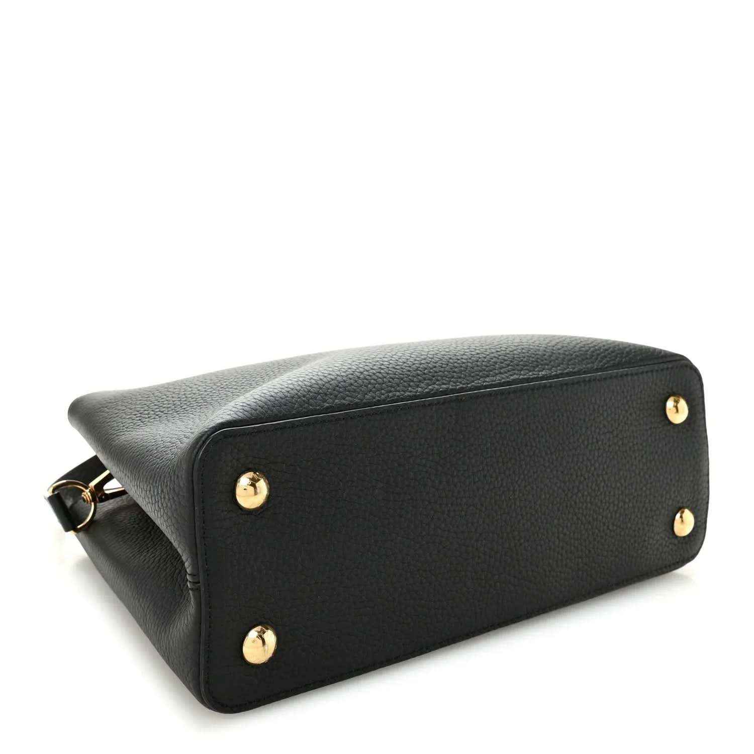 Black leather handbag base with gold stud feet and textured grain