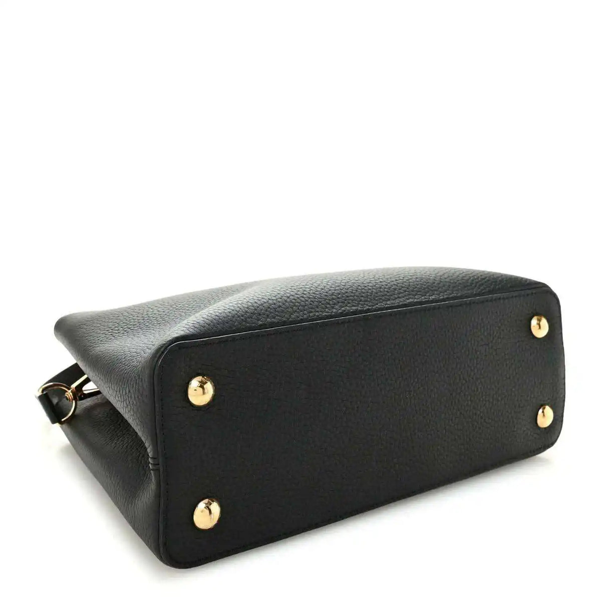 Black leather handbag base with gold stud feet and textured grain