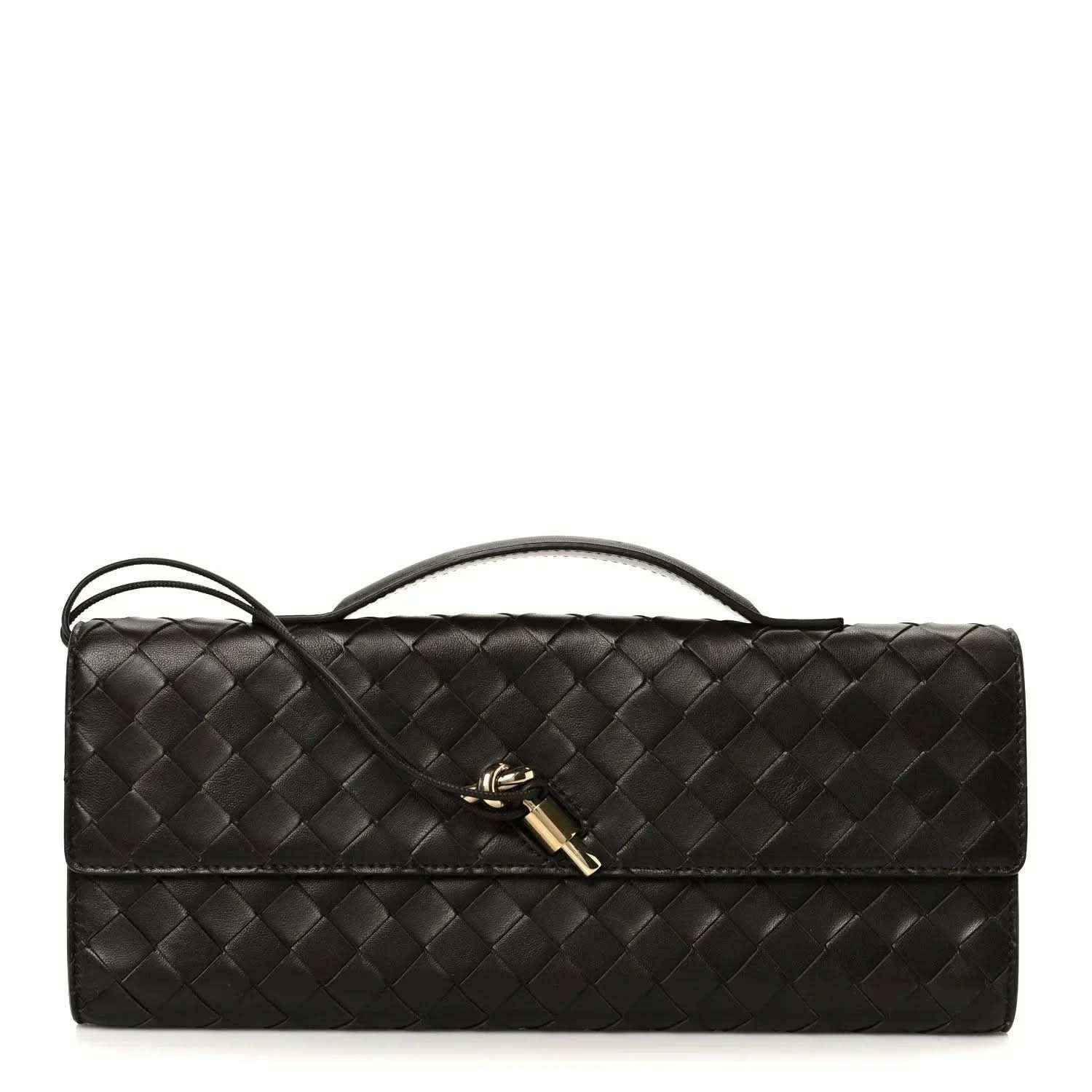 Bottega Veneta Intrecciato leather clutch with top handle, dark finish, gold clasp