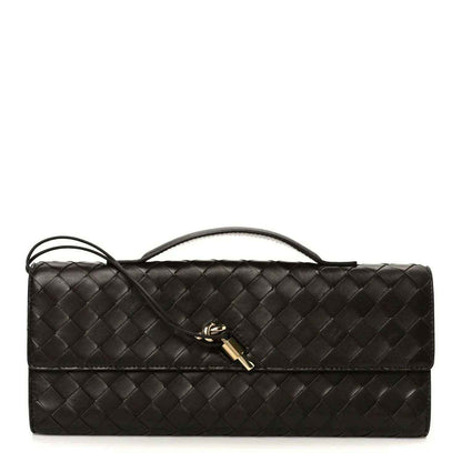 Bottega Veneta Intrecciato leather clutch with top handle, dark finish, gold clasp