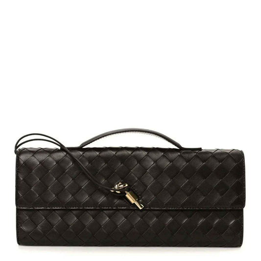 Bottega Veneta Intrecciato leather clutch with top handle, dark finish, gold clasp