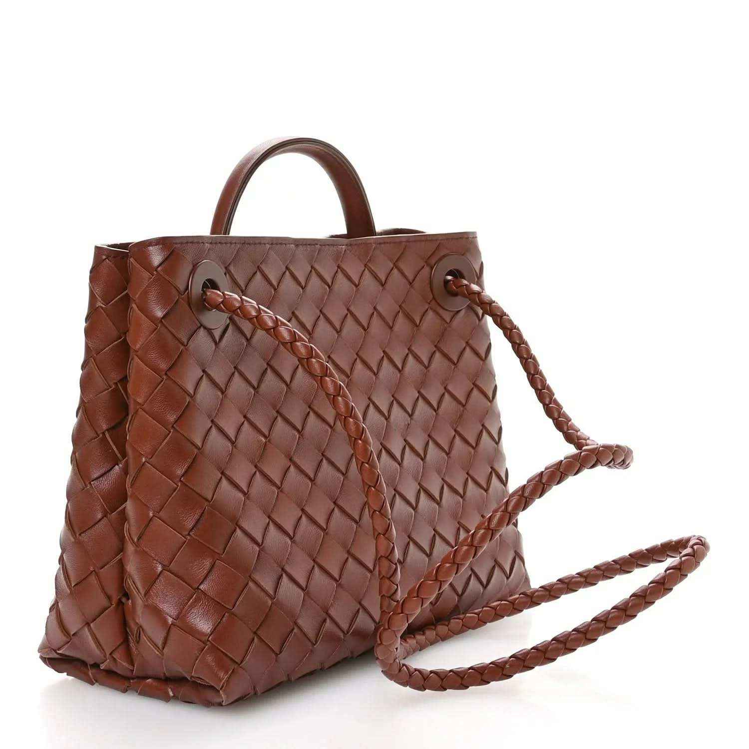 Small woven leather shoulder bag in Sapele brown with braided drawstring straps