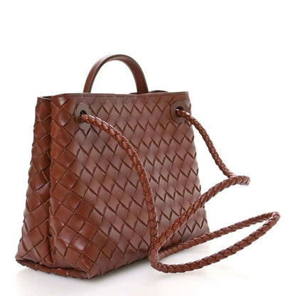 Small woven leather shoulder bag in Sapele brown with braided drawstring straps