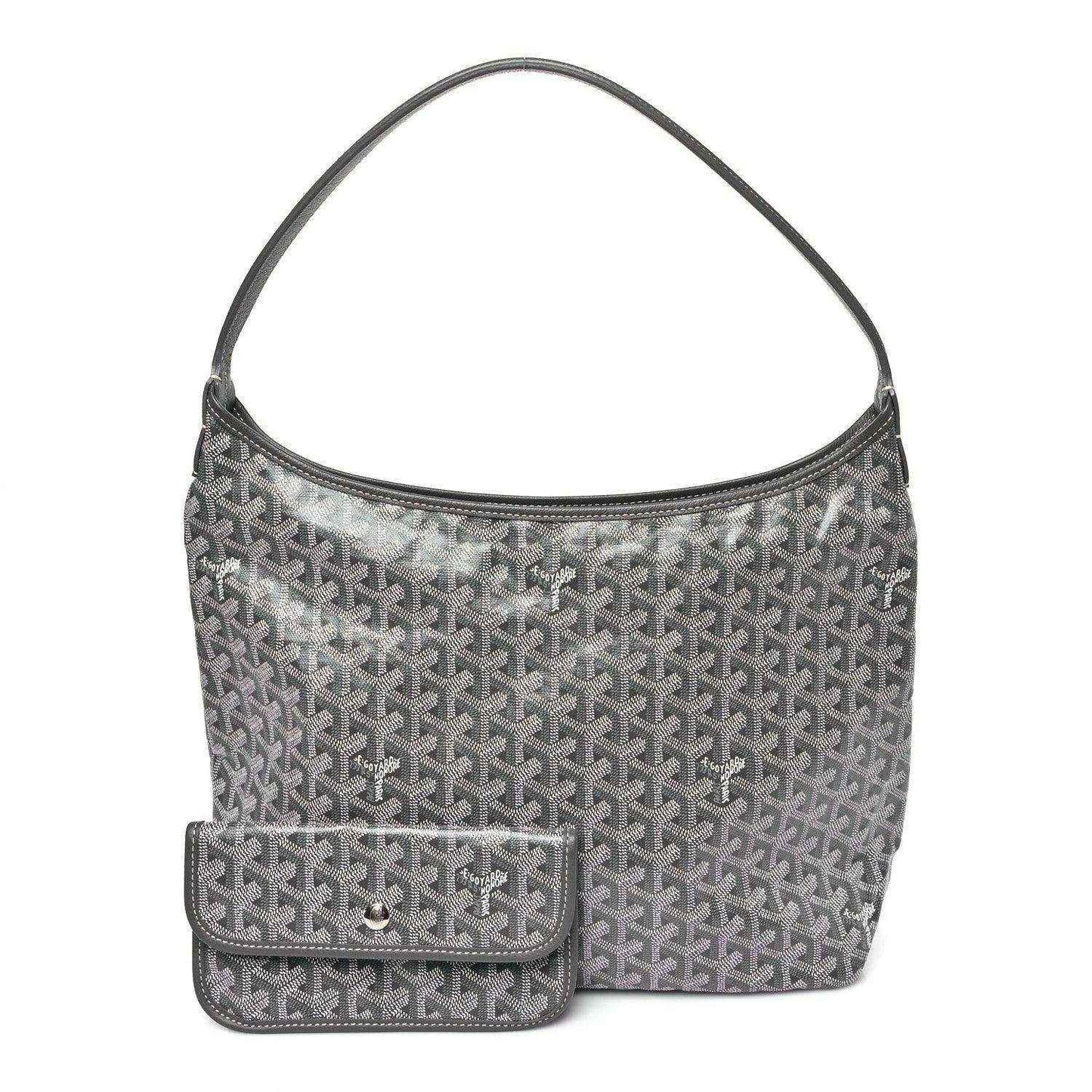 Grey coated canvas hobo bag with front flap pocket and top handle