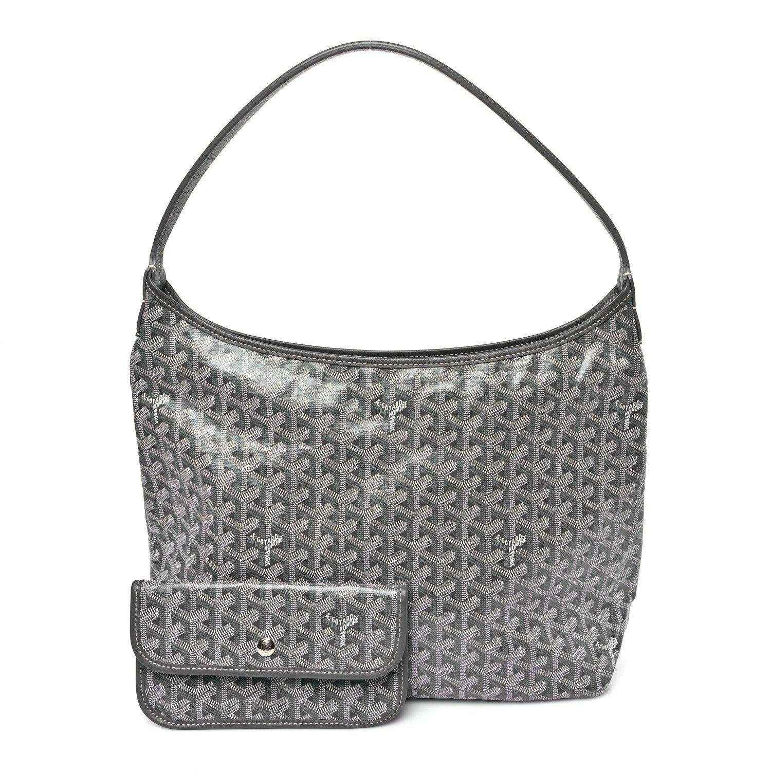 Grey coated canvas hobo bag with front flap pocket and top handle