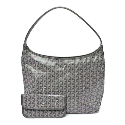 Grey coated canvas hobo bag with front flap pocket and top handle