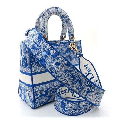 Christian Dior blue toile Lady D-Lite bag with shoulder strap and dangling gold charms
