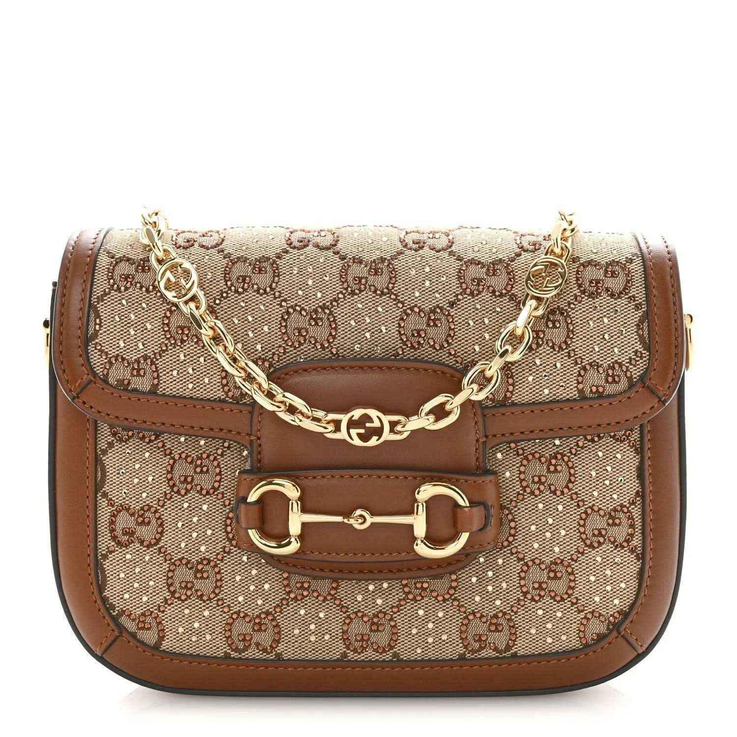 Mini shoulder bag with GG monogram canvas, brown leather trim, and gold chain strap