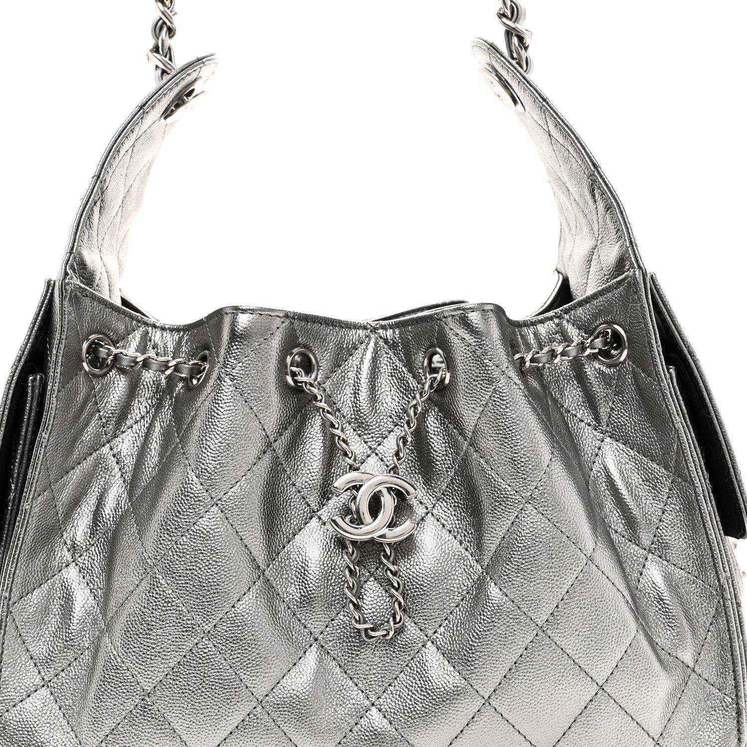 Chanel metallic caviar quilted handbag top with chain strap and CC logo ring detail