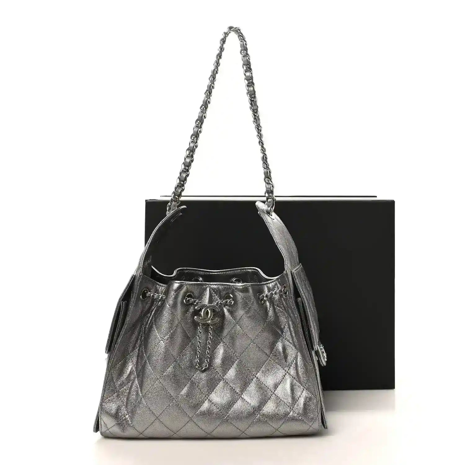Chanel metallic caviar quilted small handbag, anthracite with chain handles