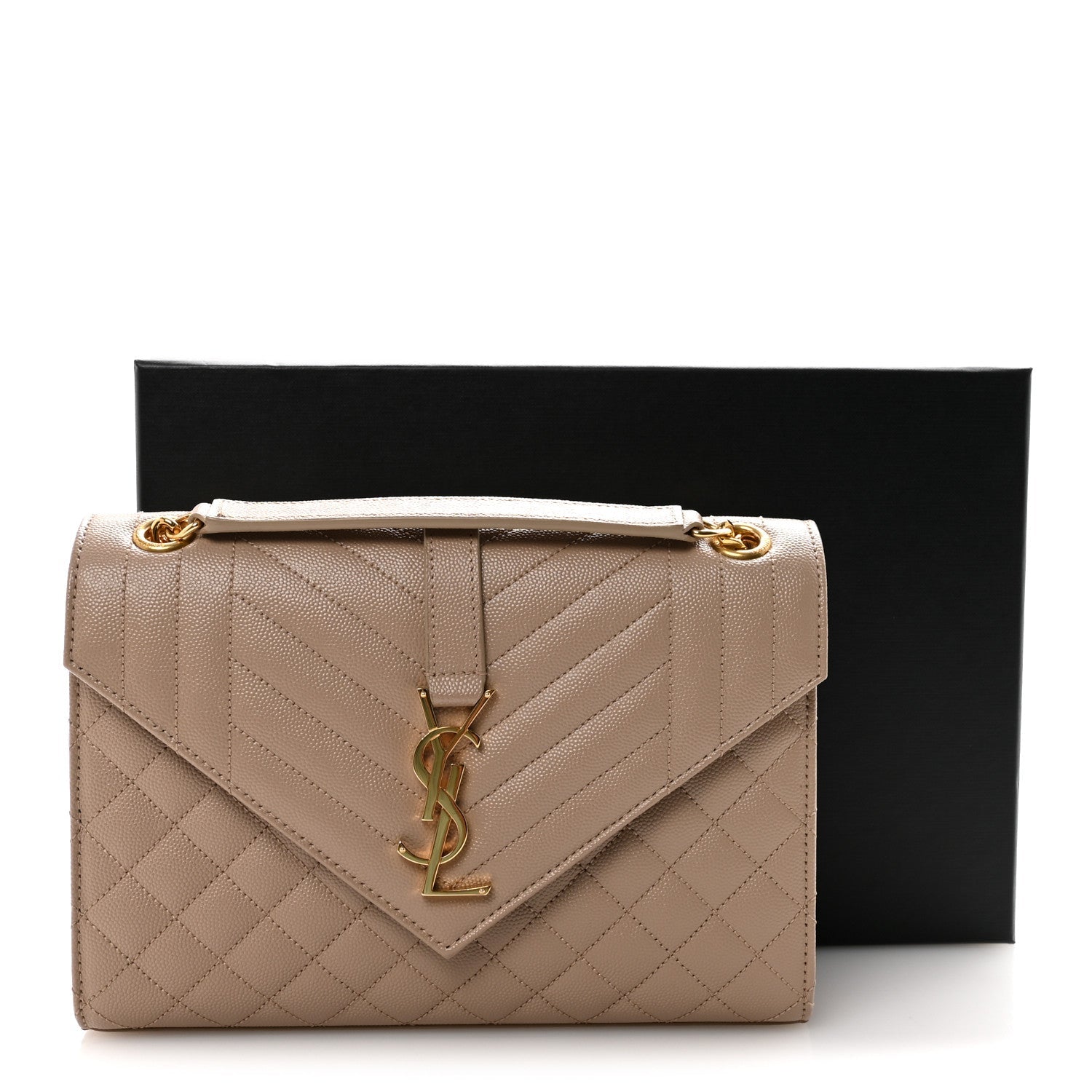 Dark beige medium quilted satchel with gold-tone chain strap and YSL monogram clasp; gift box shown.