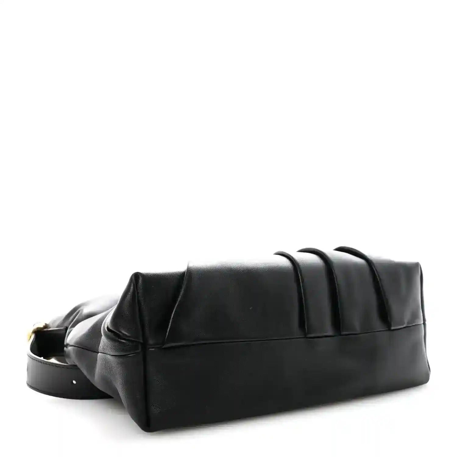 Black leather tote bag with structured base and top seam detail