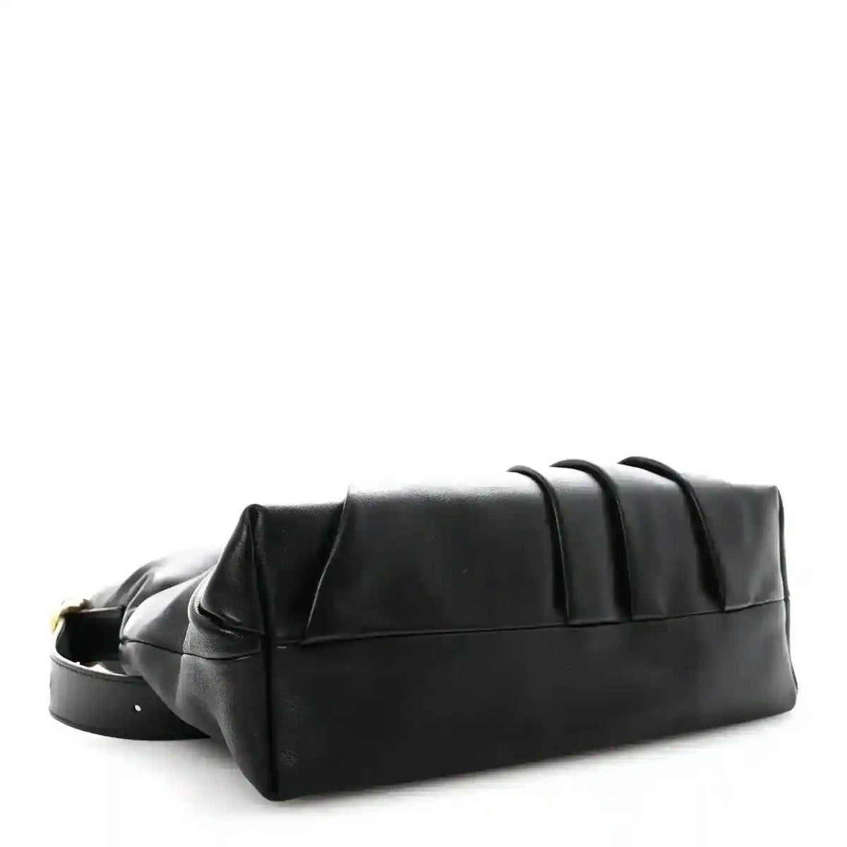 Black leather tote bag with structured base and top seam detail