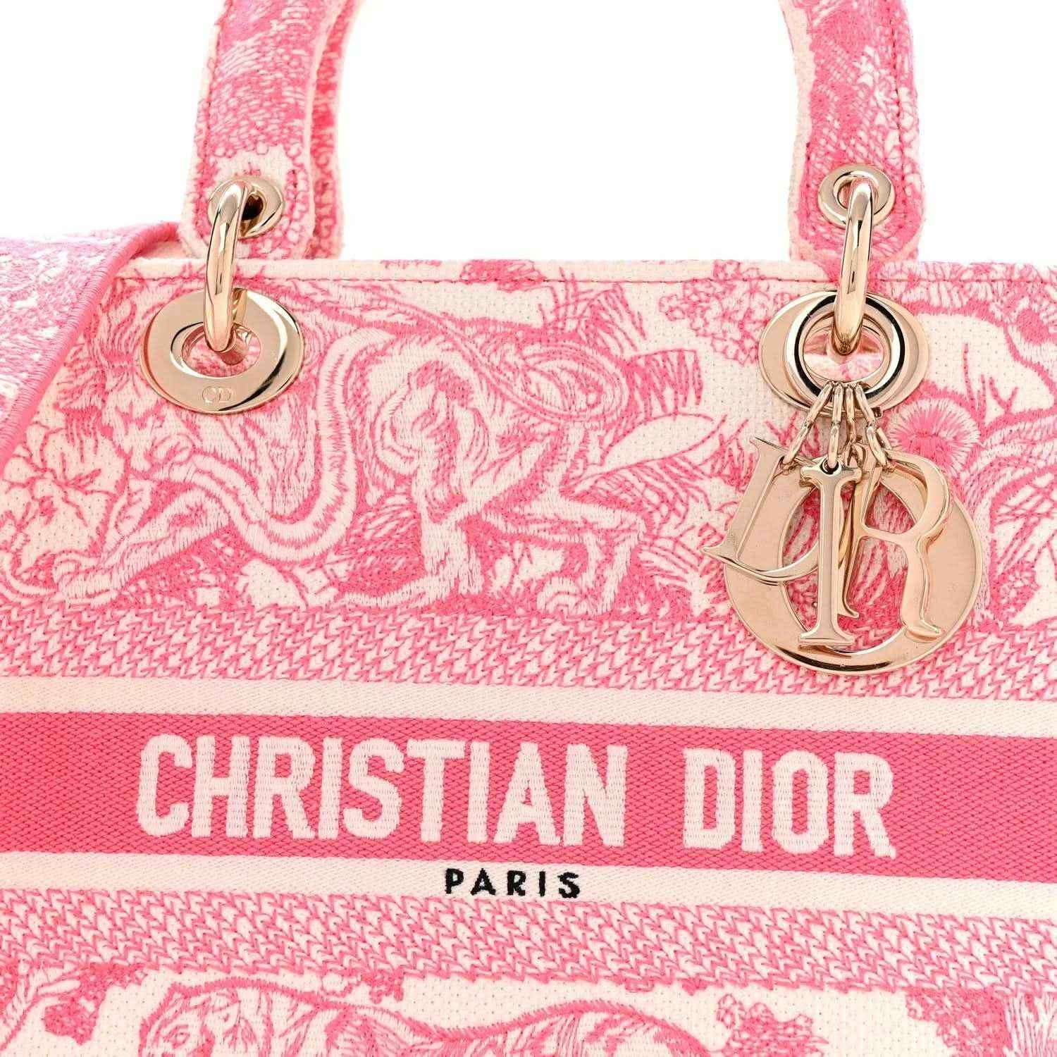 Pink embroidered tote front with Christian Dior Paris text and gold logo charm