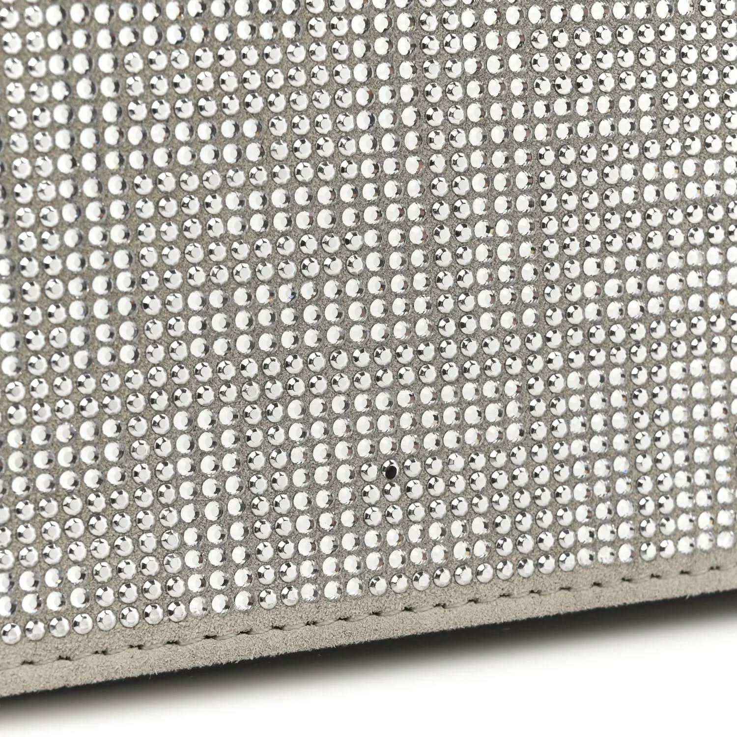 Silver crystal-studded satchel panel with dense rhinestone mesh texture