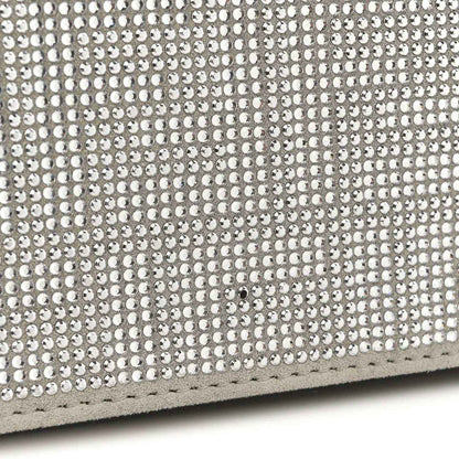 Silver crystal-studded satchel panel with dense rhinestone mesh texture