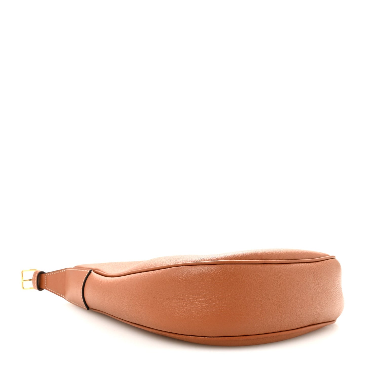 Tan leather belt-style hobo bag with curved silhouette and stitched edges
