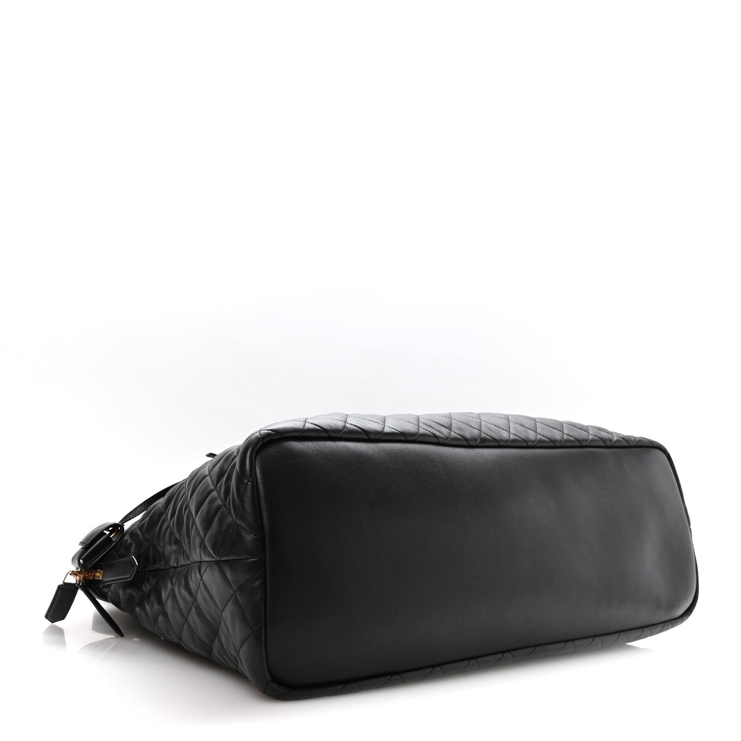 Black quilted leather travel bag with top zip and smooth end panel