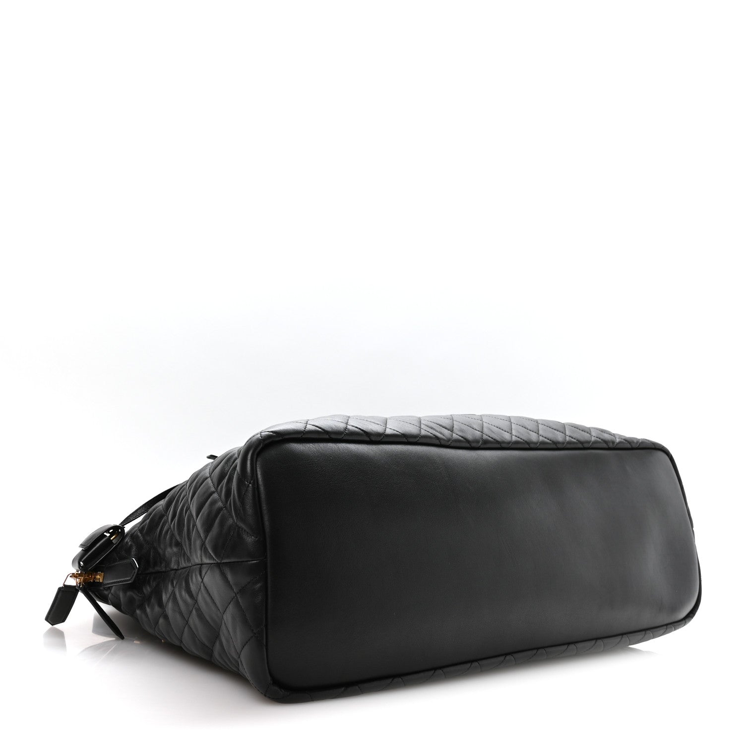 Black quilted leather travel bag with top zip and smooth end panel
