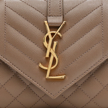 Dark beige quilted satchel front with YSL monogram metal clasp