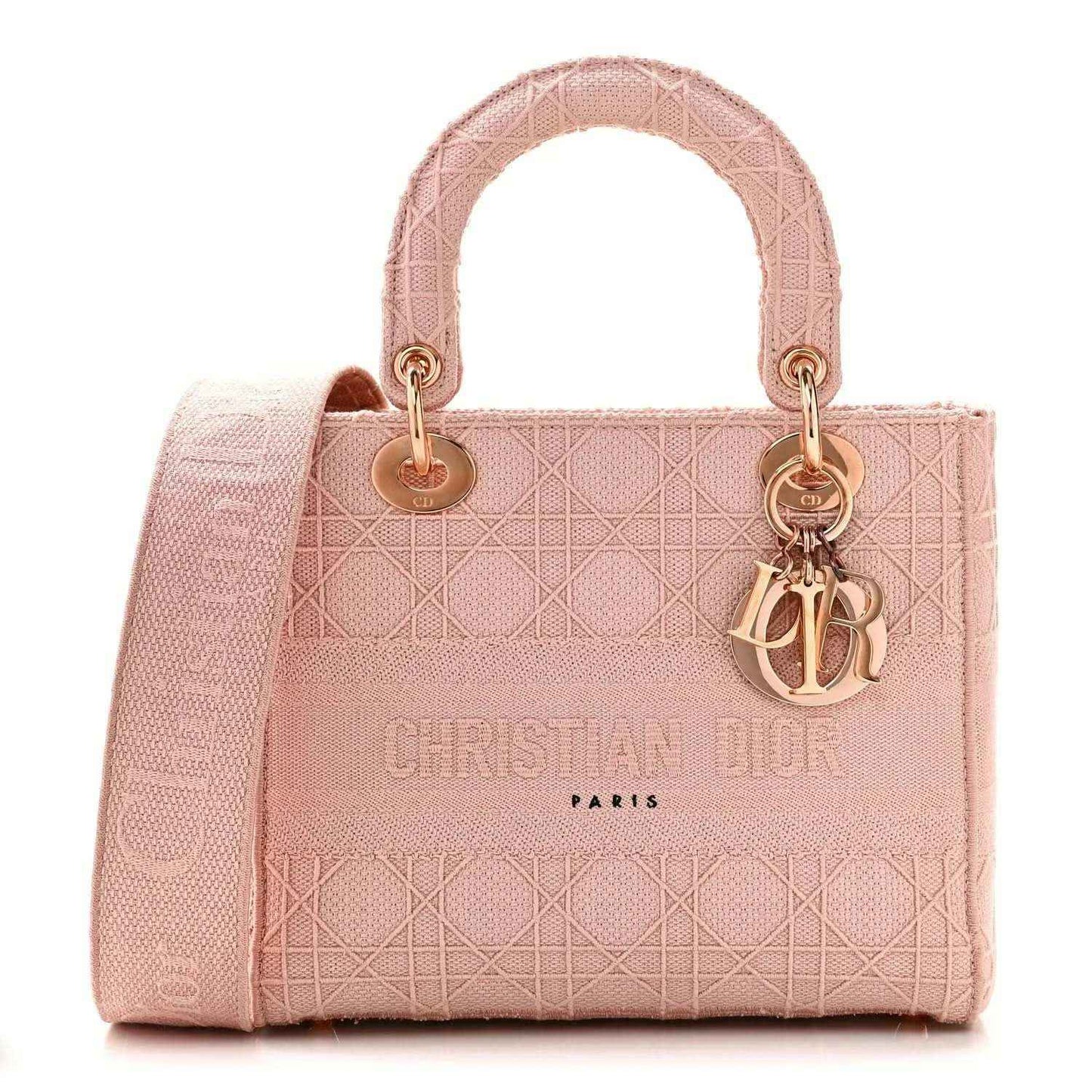 Medium embroidered canvas tote bag in pink with top handles and gold-tone hardware