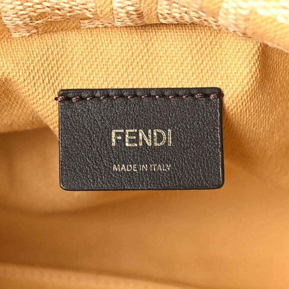 Fendi jacquard raffia fringe bag, dark leather brand patch with “FENDI” and “MADE IN ITALY”