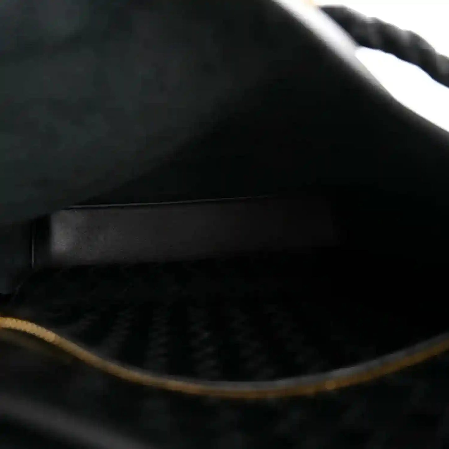 Black bucket bag interior with smooth lining and golden trim