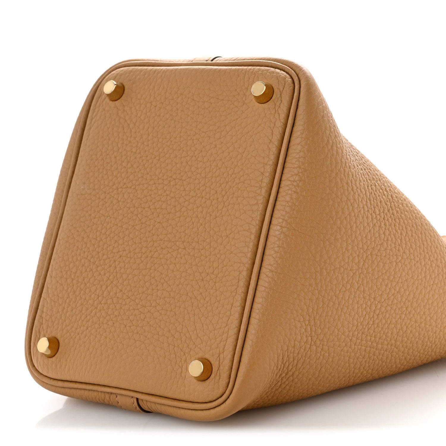 Hermes Picotin Lock bucket bag angled side view, biscuit leather with gold rivet corners