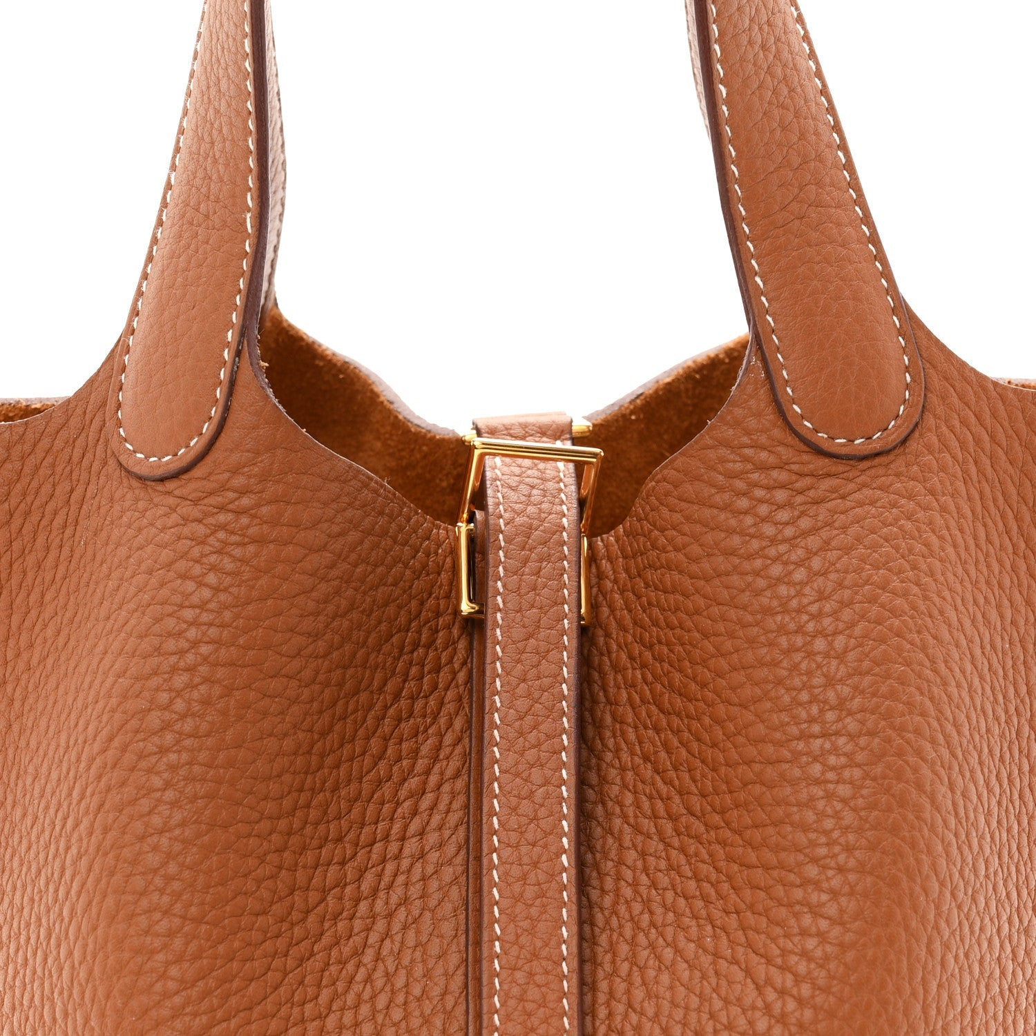 Tan leather bucket bag front view with central lock and gold-tone latch