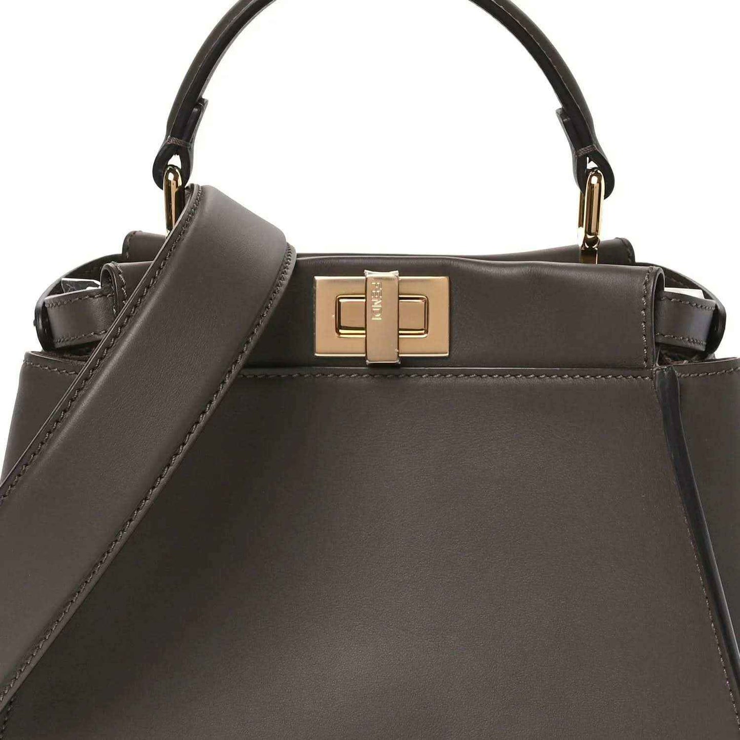 Mini Peekaboo satchel front view in dark brown leather with gold clasp.