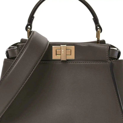 Mini Peekaboo satchel front view in dark brown leather with gold clasp.