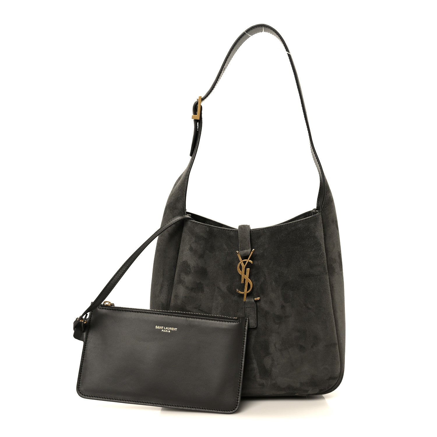 Grey suede hobo bag with YSL logo and attached zip pouch front