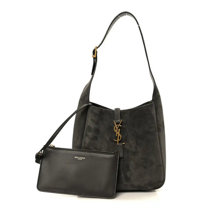 Grey suede hobo bag with YSL logo and attached zip pouch front