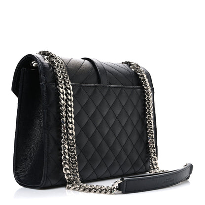 Black quilted leather medium satchel with chain strap and front flap, side view