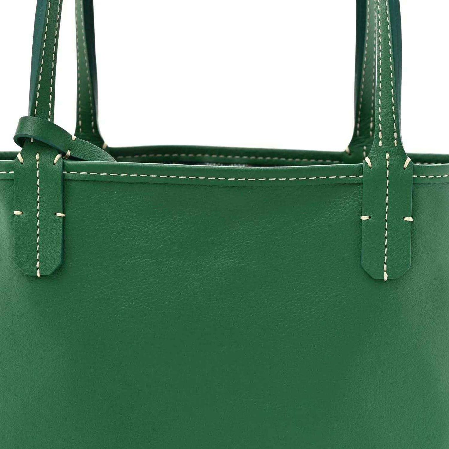 Reversible tote bag front panel in green with top handles and contrast stitching