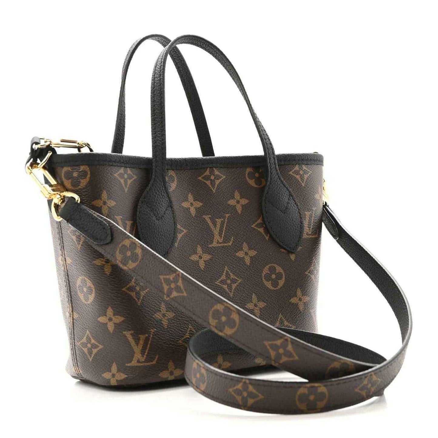 Monogram tote bag with black handles and adjustable shoulder strap; brown canvas with leather trim