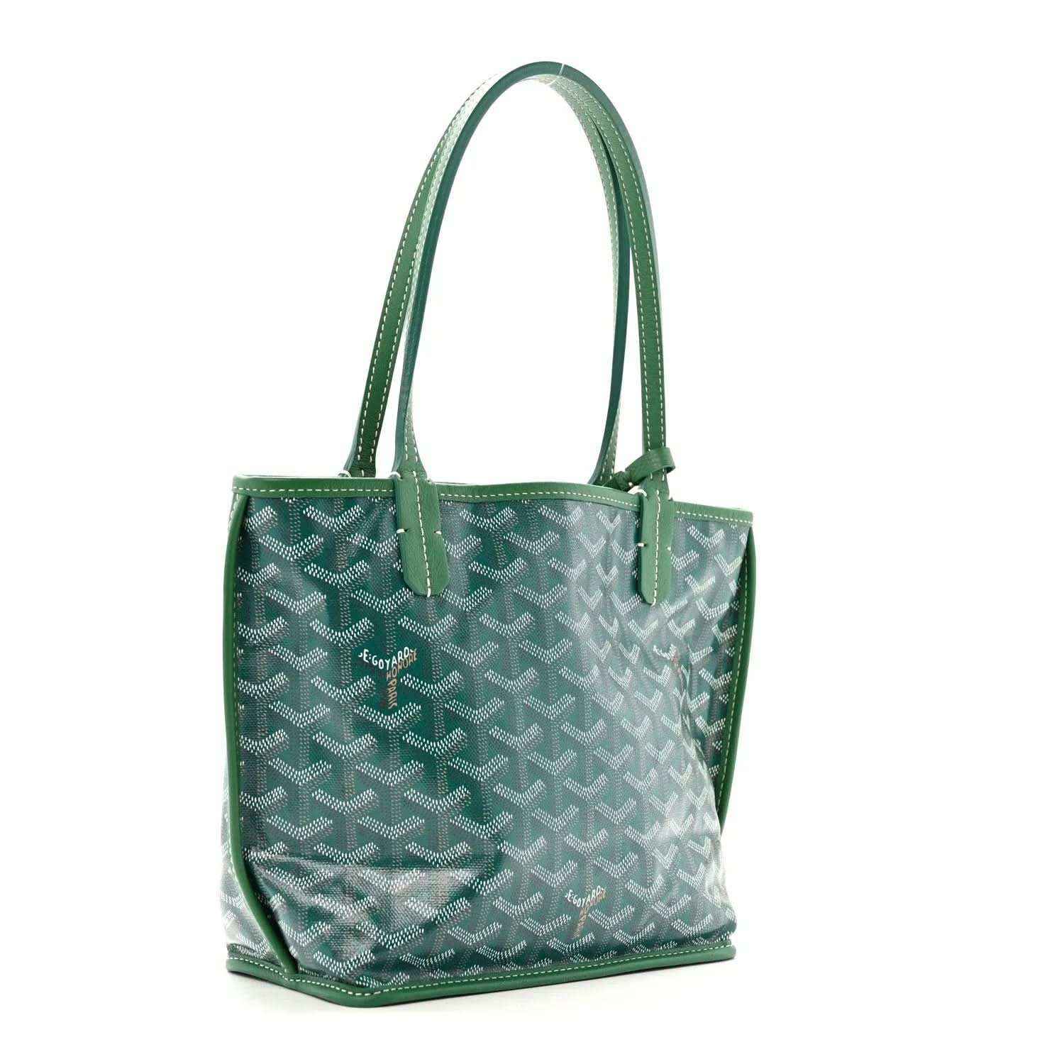 Reversible mini tote bag, green Goyardine pattern with top handles