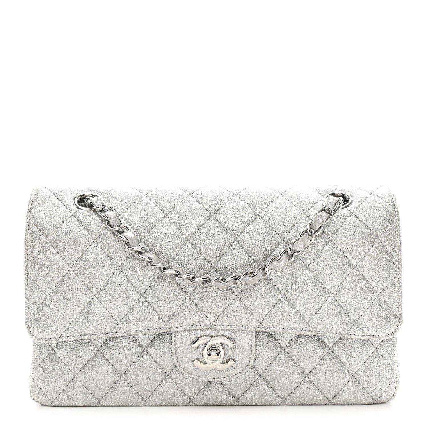 Chanel quilted double flap bag in silver metallic caviar leather with chain strap