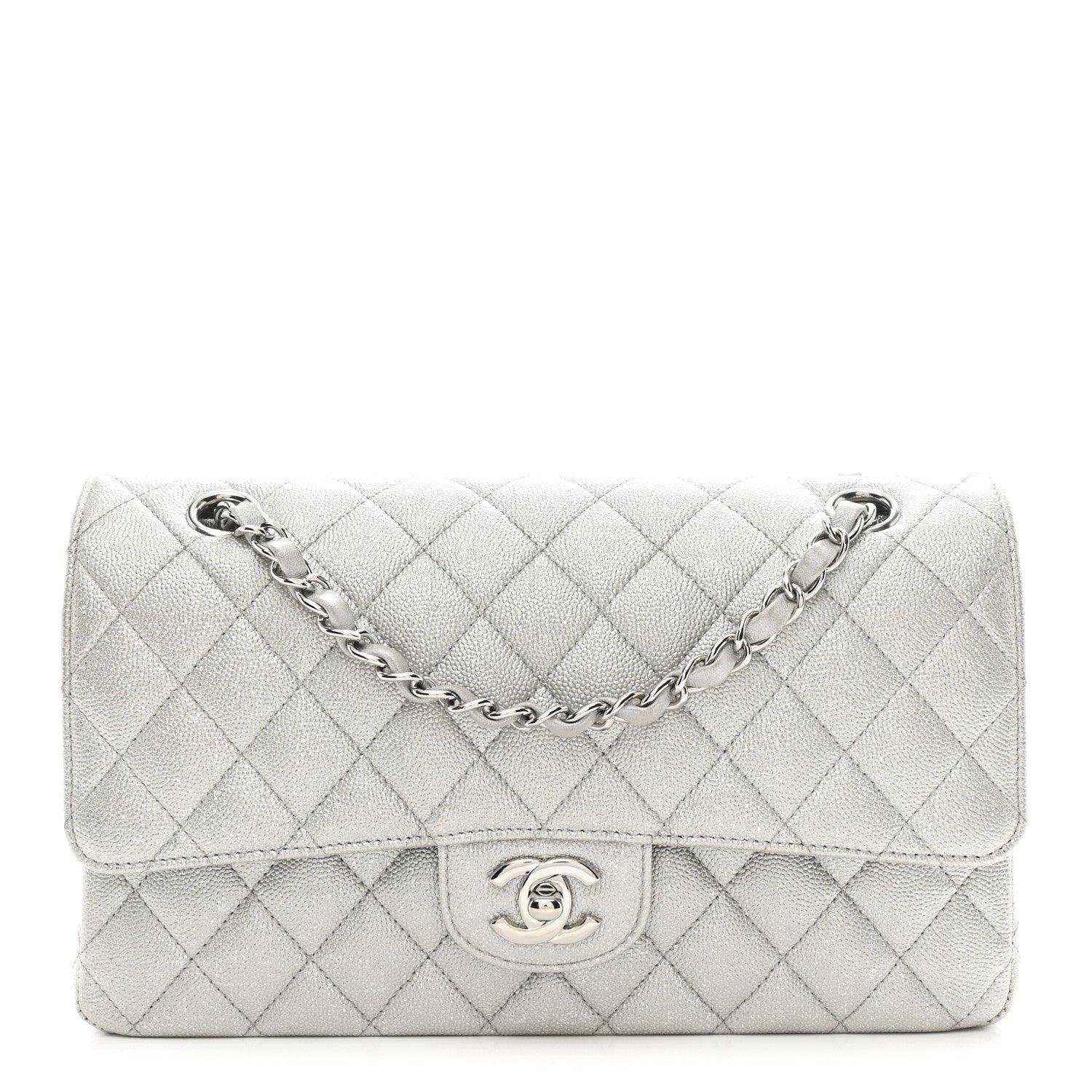 Chanel quilted double flap bag in silver metallic caviar leather with chain strap
